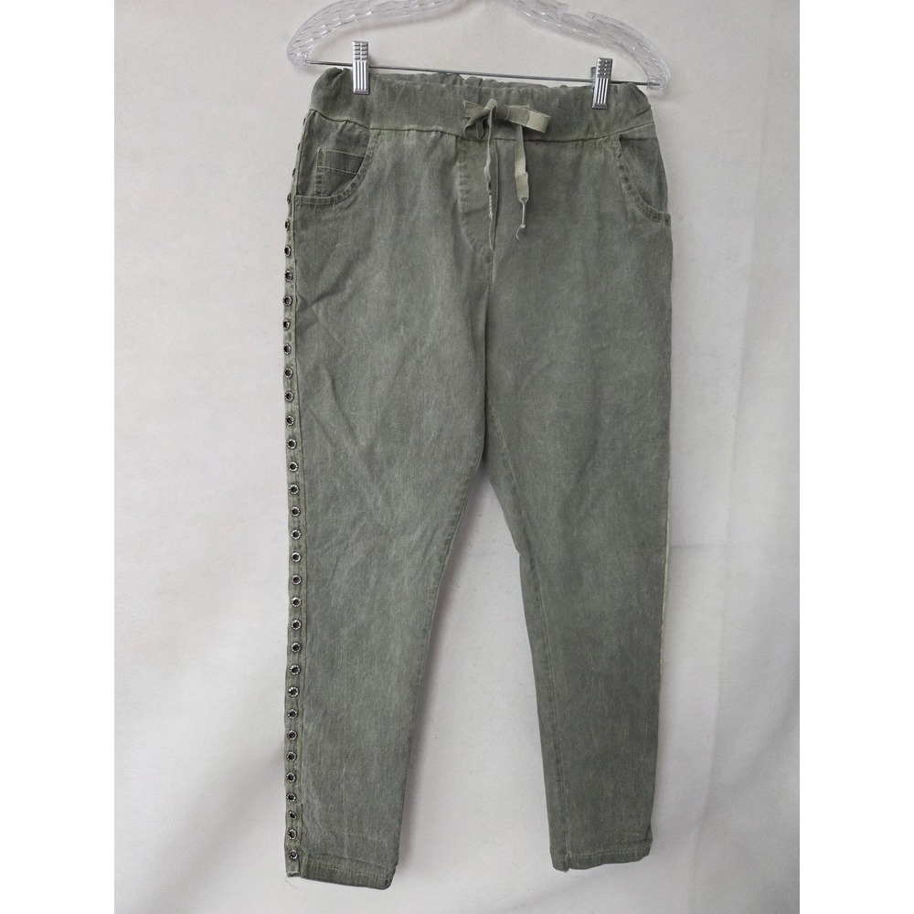 Grey Violet Italy Sage Green Mineral Wash Rhinestone Grommet Joggers TU One Size